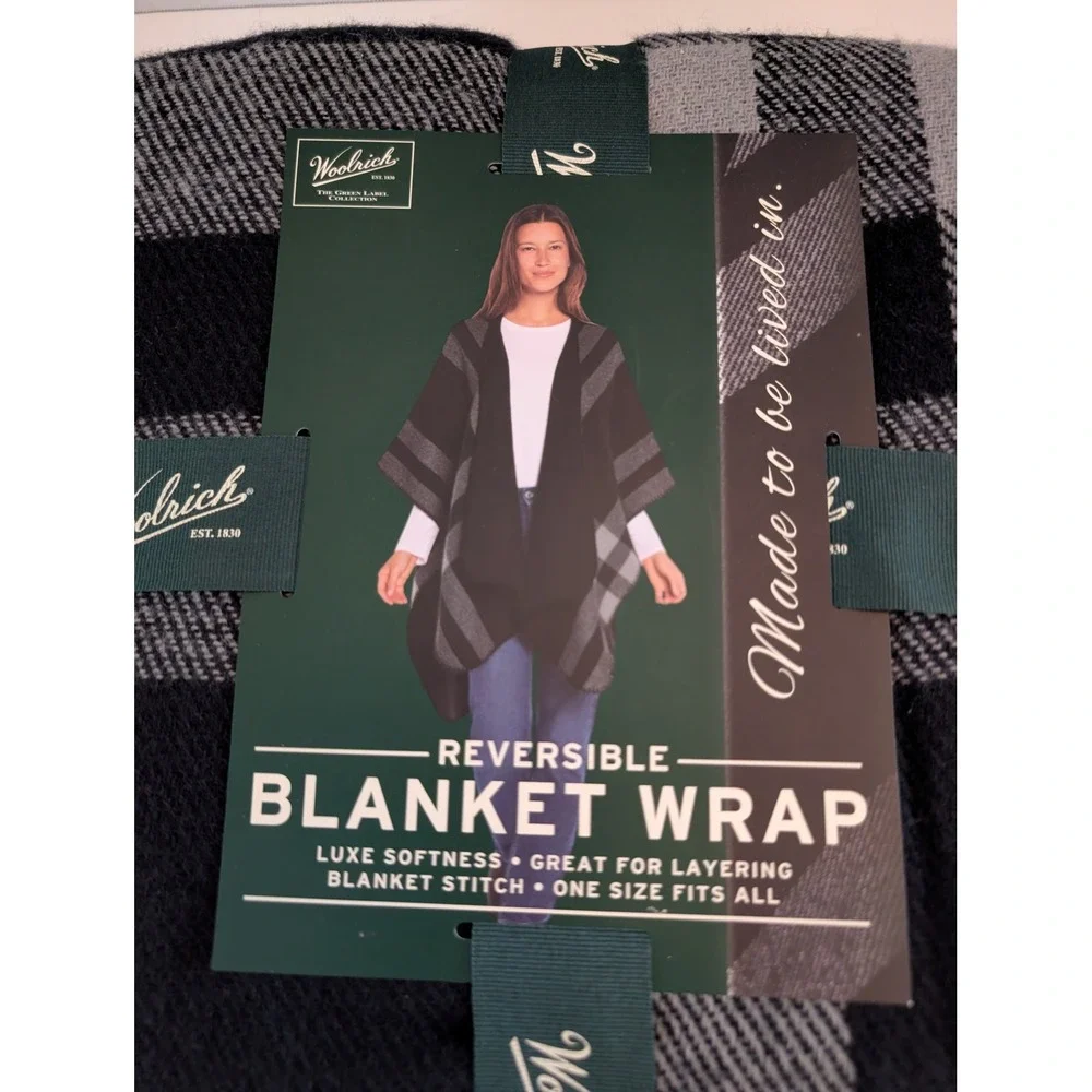 Woolrich Reversible Blanket‎ Wrap Black Grey Plaid Poncho OS NWT